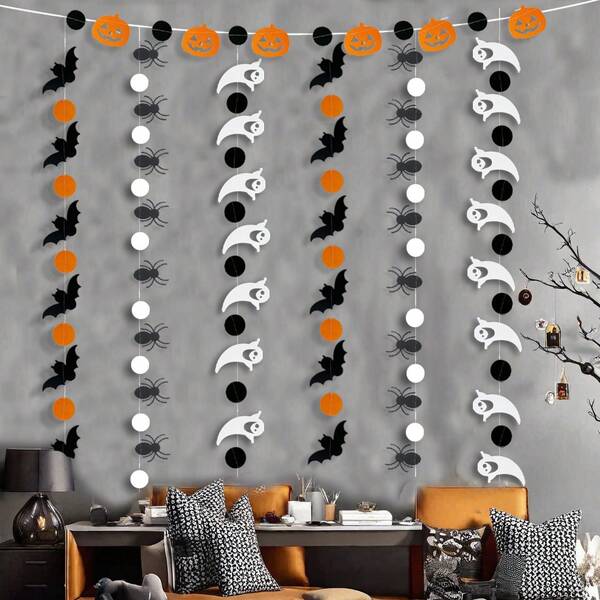 110 Inch Halloween Decoration, Happy Halloween Orange Black Polka Dot Wreath, Black Orange And White Polka Dots, Pumpkin, Bat, Ghost, Spider Hanging Paper Ribbon, Suitable For Decorating Home Windows Before Halloween, Autumn Halloween Thanksgiving Party Decoration Supplies, Halloween Decoration, Halloween