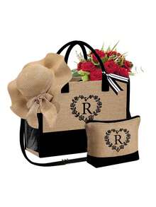 3 件套女士沙滩托特包套装（带肩带），包含女士沙滩帽和化妆包、玫瑰心形花环字母 A-Z、带侧袋的个性化礼品袋、带围巾的沙滩包、女士卡其色波浪沙滩遮阳帽，适合春夏海滩度假和户外婚礼、生日、节日 - 卡其色 - 查看 45