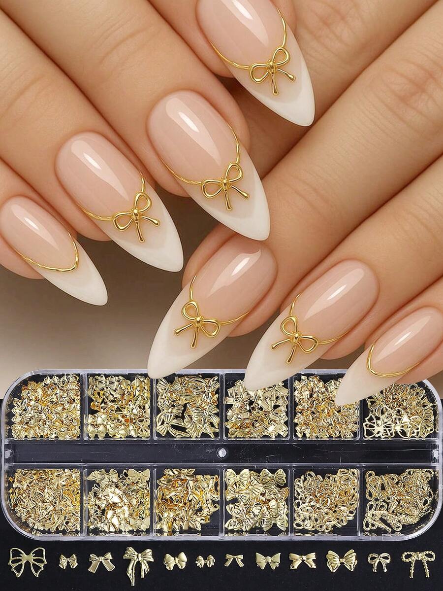 12 Grids Gold Ribbon Bow Knot Metal Cute Nail Decoration Nail Charms Ribbon Bow Design Mixed Styles Sizes Kawaii Japanese Style Nail Jewelry Accessories Nail Supplies For Home Diy Salon Nail Art Nails Nail Gems