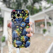 Funda para teléfono 1PC Funda para teléfono con diseño de patrón de fresa azul 2 Pro 11 14 Plus 16 15 13 Diseño de tarjetero portátil Impresión Teléfono resistente a caídas - Colores mixtos 1 - Ver 2