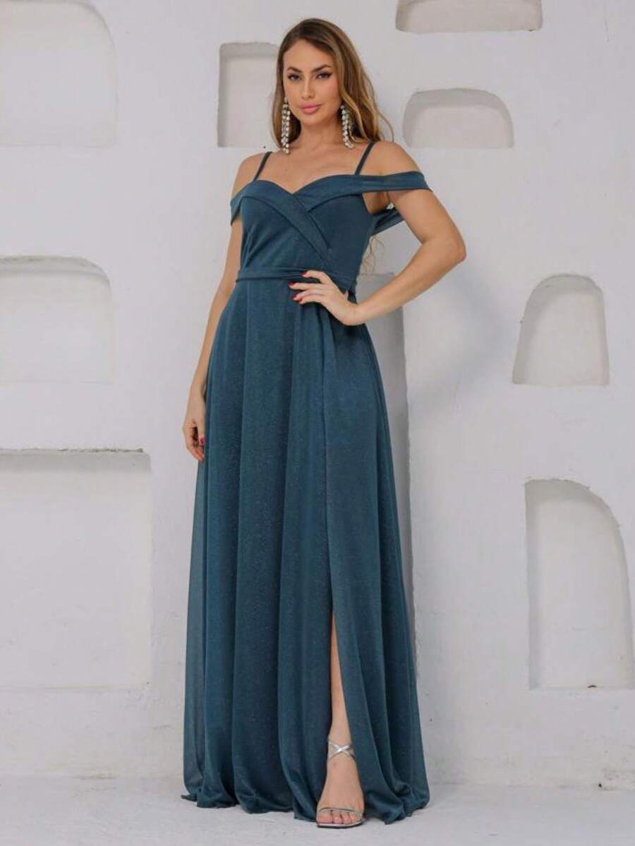 Long Off-The-Shoulder Party Dress With Sparkle For Bridesmaid, Wedding, Princess Graduation - 墨綠色 - 查看 1