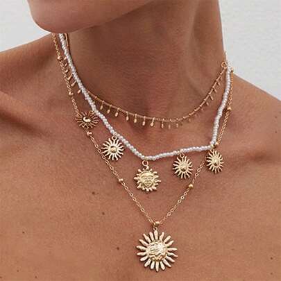 Women Necklace Set, Boho Beaded Sun Necklace Pendant Necklace Lightweight Jewelry Present