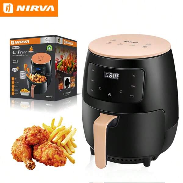 Nirva Nirva Freidora de aire de 6L, 1540W con pantalla digital, control de temperatura, 8 modos de cocción preestablecidos, cesta antiadherente y libro de recetas