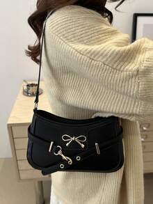 1pc Quilted Zipper Closure PU Solid Color Square Bag, Fashionable Handfeel Versatile Underarm Bag For Women, Personalized Strap Decor Bow Accent Minimalist Commuter Shoulder Bag, Large Capacity Vintage Vibe Suitable For Daily Use, Outing, Dating - Black - View 6