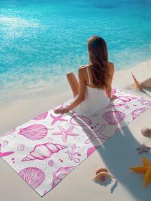 1 件粉色贝壳海星印花沙滩巾，超细纤维速干吸水沙滩巾，泳池日光浴巾，适合户外游泳、运动、健身、瑜伽、露营、度假必备礼物、户外池畔、沙滩装饰沙滩巾、沙滩配件、泳池浮圈
