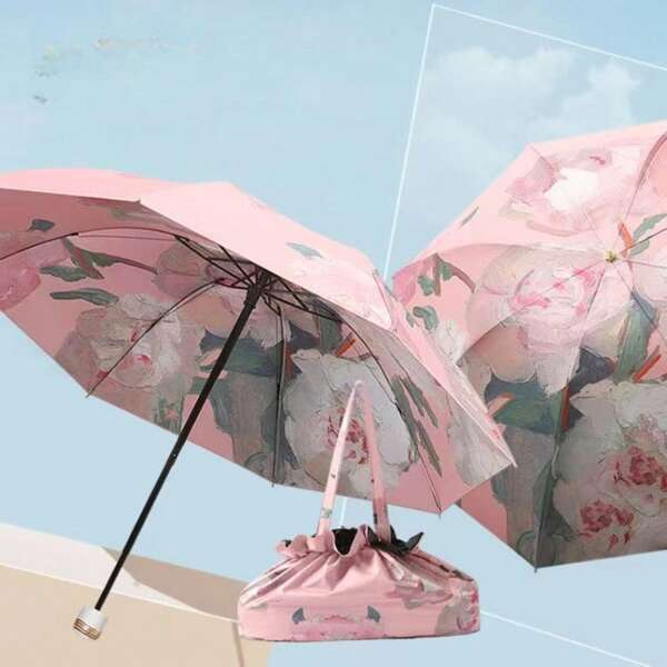 New Dual Layer Floral Print Umbrella For Women, Foldable, Sun Umbrella UV Protection, Reverse Folding Rainy & Sunny Dual-Use Windproof Umbrella, UPF50+, Elegant Floral Prints On Both Sides, Pink