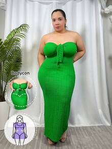 Hourglow 女士加大码纯色露肩打结紧身连衣裙 - 綠色 - 查看 7