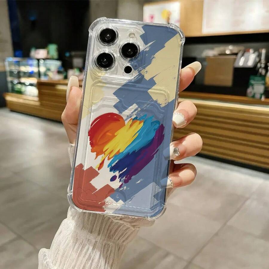 Estuche para teléfono 1 pieza Un teléfono con una ranura para tarjetas. Un que puede contener tarjetas y fotos. Portatarjetas transparente con caída en las cuatro esquinas, adecuado para 11, 12, 13, 14, 15, 16 Plus Pro / Protector suave impreso, conveniente teléfono con inserción de tarjeta - transparente - Ver 1