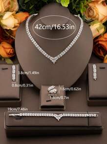 1 conjunto de joias luxuosas e elegantes com zircônia cúbica e decote em V, design de trigo, adequado para casamentos femininos e uso diário, incluindo 1 par de brincos, 1 colar, 1 pulseira, 1 anel (exceto caixa de presente)
