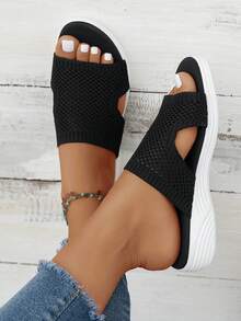 Dép nữ đế dày dệt kim kiểu dáng thể thao mùa xuân/hè 2026 mới, dép đế xuồng liền thân thoáng khí thoải mái kiểu đi biển. - màu đen - Xem 4