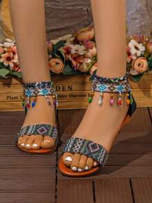 1 Đôi dép xăng đan đế bằng phong cách Bohemian thoải mái và thời trang với quai đan, hạt cườm nhiều màu sắc và tua rua trang trí - màu đen - Xem 5