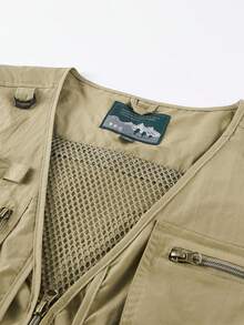 1 件男士卡其色户外徒步露营钓鱼防风防水防刮多口袋拉链背心，秋季 - 卡其色 - 查看 4
