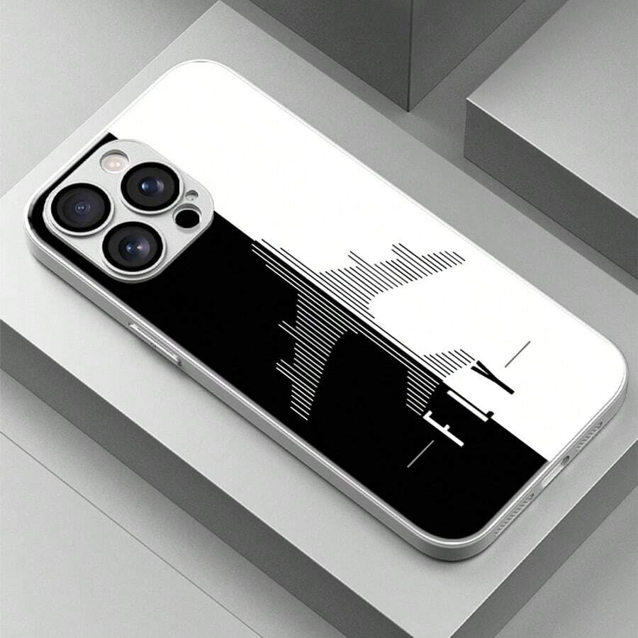 1pc Black & White Minimalist Airplane Design Glass Material Phone Case Compatible With Iphone - Silver - View 1