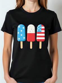 Camiseta Mujer de Algodón 180g, Cuello Redondo, Mangas Cortas, Color Negro con Diseño de Paletas Heladas en Estilo Americano, Estrellas y Rayas - Moda Casual y Divertida para Verano, Regalo Ideal de Estilo Juvenil. - Negro - Ver 1