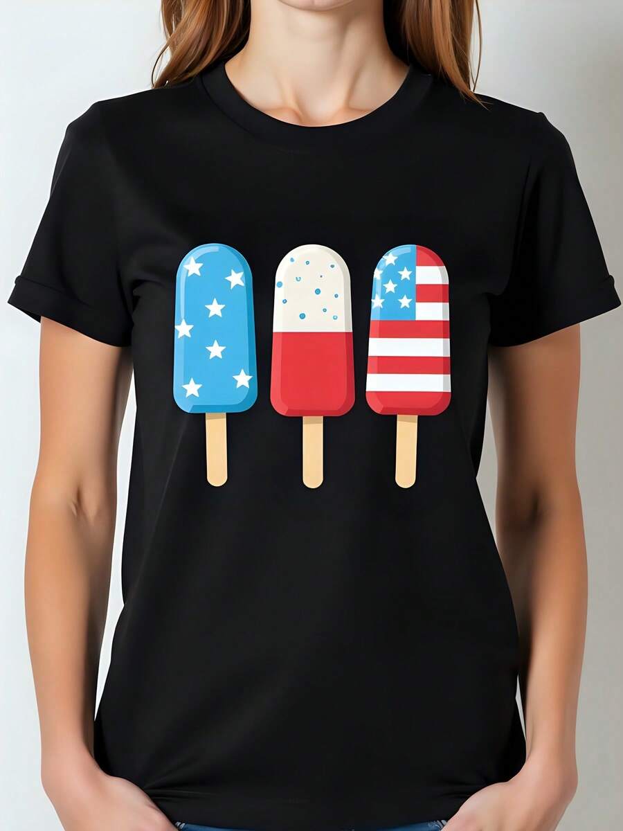 Camiseta Mujer de Algodón 180g, Cuello Redondo, Mangas Cortas, Color Negro con Diseño de Paletas Heladas en Estilo Americano, Estrellas y Rayas - Moda Casual y Divertida para Verano, Regalo Ideal de Estilo Juvenil. - Negro - Ver 1