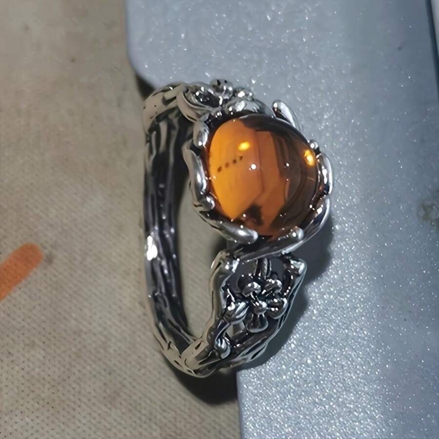 1PC New Ancient Water Drop Artificial Amber Stone Bee Beeswax Ring, Carved Flowers And Branches, Elegant And Elegant Men's And Women's Rings - 8 - 查看 1