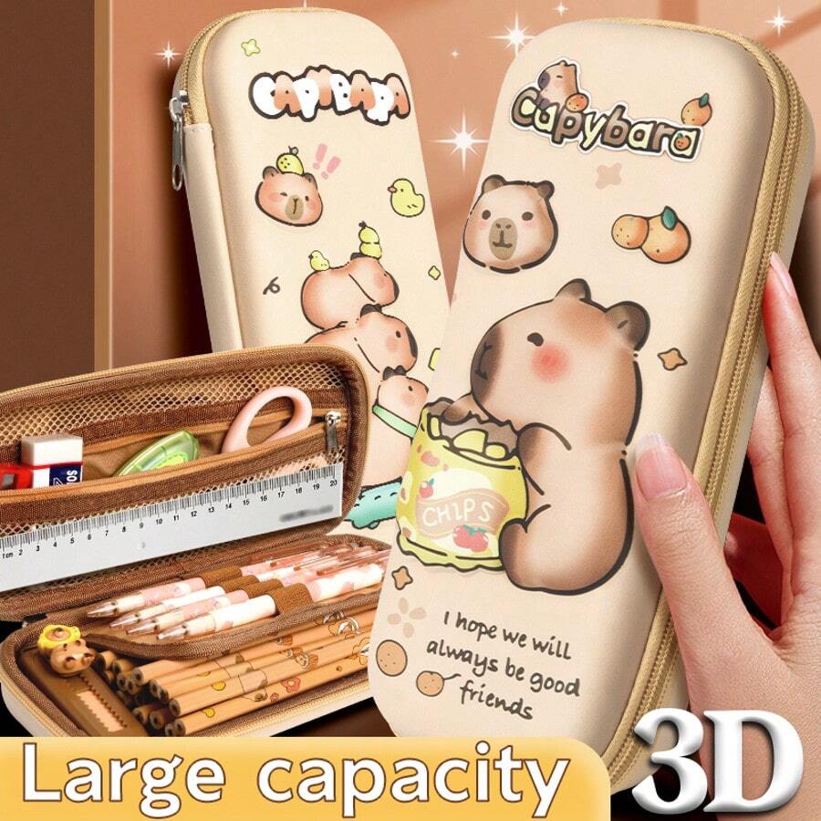 Capybara Pencil Case - 3D Cartoon Design For Kids School Supplies - Brown - View 1