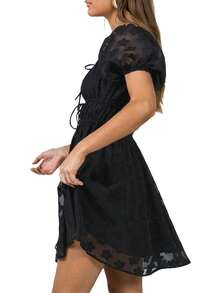 Summer Women's Bubble Sleeve A-Line Dress With Elastic Waist  Lace Trim - Pastel Colors - 黑色 - 查看 4