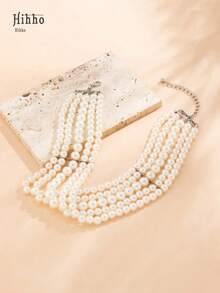 Hihho 1 件时尚多层夸张仿珍珠项链，不对称珍珠项圈项链，女士婚礼珠宝和节日礼物，适合白人女性的颈链