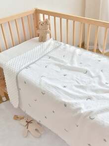 1pc White Embroidered Stars And Moon Pattern Soft, Comfortable Baby Flannel Blanket, Suitable For All Seasons, Warm Fleece Quilt For Kids, Office Air-Conditioning Shawl, Car Use - White Embroidered Stars and Moon - View 6
