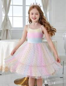 2025Toddler Girls Tulle Dress Rainbow Tutu Birthday Princess Dresses Formal Photo Shoot Outfit Summer Clothes 2-6T'Sprout Style' - 彩虹圓點薄紗 - 查看 4