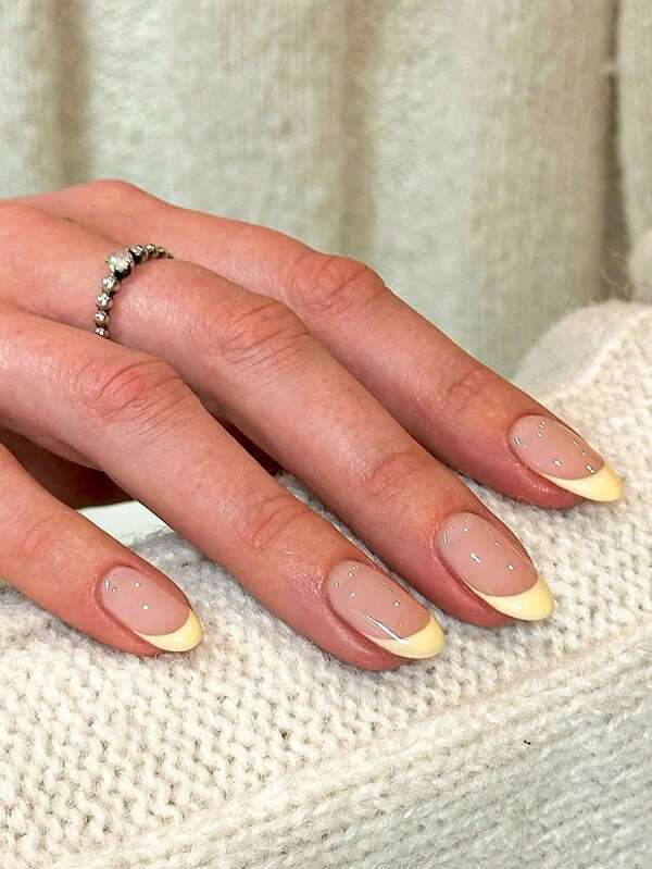 10pcs Minimalist Elegant Yellow French Almond Shaped Reusable Press-On Nails, Suitable For Women & Girls, For Daily Wear, Party, School, Graceful & Charming