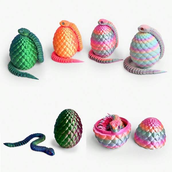 3 stuks/set 3D-geprinte slang en verrassingsei decoratie, met beweegbare gewrichten - Kleurrijke bureaufiguren voor thuis, geschikt voor diverse kamerdecoraties, ideaal voor Halloween, Kerstmis en Thanksgiving (willekeurige oogstijl)