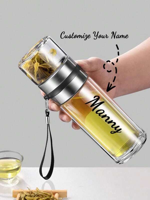 1 pieza Botella de agua de vidrio con infusor de té personalizado de 400ml/13,5oz, personalizado con su nombre, tetera de vidrio de borosilicato reutilizable con colador de té, diseño circular para deportes y exteriores, recomendado para el hogar, excelente regalo para seres queridos, cumpleaños, boda, aniversario, graduación, regreso a la escuela