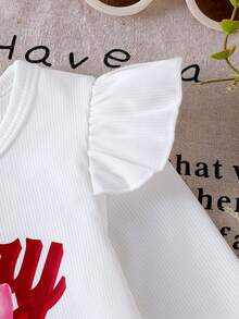 2 pièces/set Top t-shirt à manches courtes imprimé cerises pour bébé fille et jupe en jean plissée avec broderie de cerises - Blanc - Voir 6