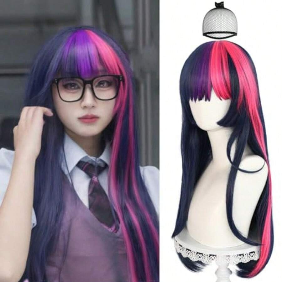 L70cm 27inch Twilight Sparkle Wig +Hair Cap Women Long Straight Purple Mix Pink Wig With Bangs Purple Pink Wigs Women Long Wavy Purple Pink Hair With Bangs Halloween Party Costume Outfit5001 - 紫色 - 查看 1