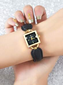 CARYINO CARYINO 1pc Black & Gold Dual-Tone Classic Fashion Women's Square Wrist Watch, G-Shaped Face, Vintage Leather & Steel Strap - Detachable, Women's Chain, High-End Style Suitable For Daily Matching, Party, Banquet