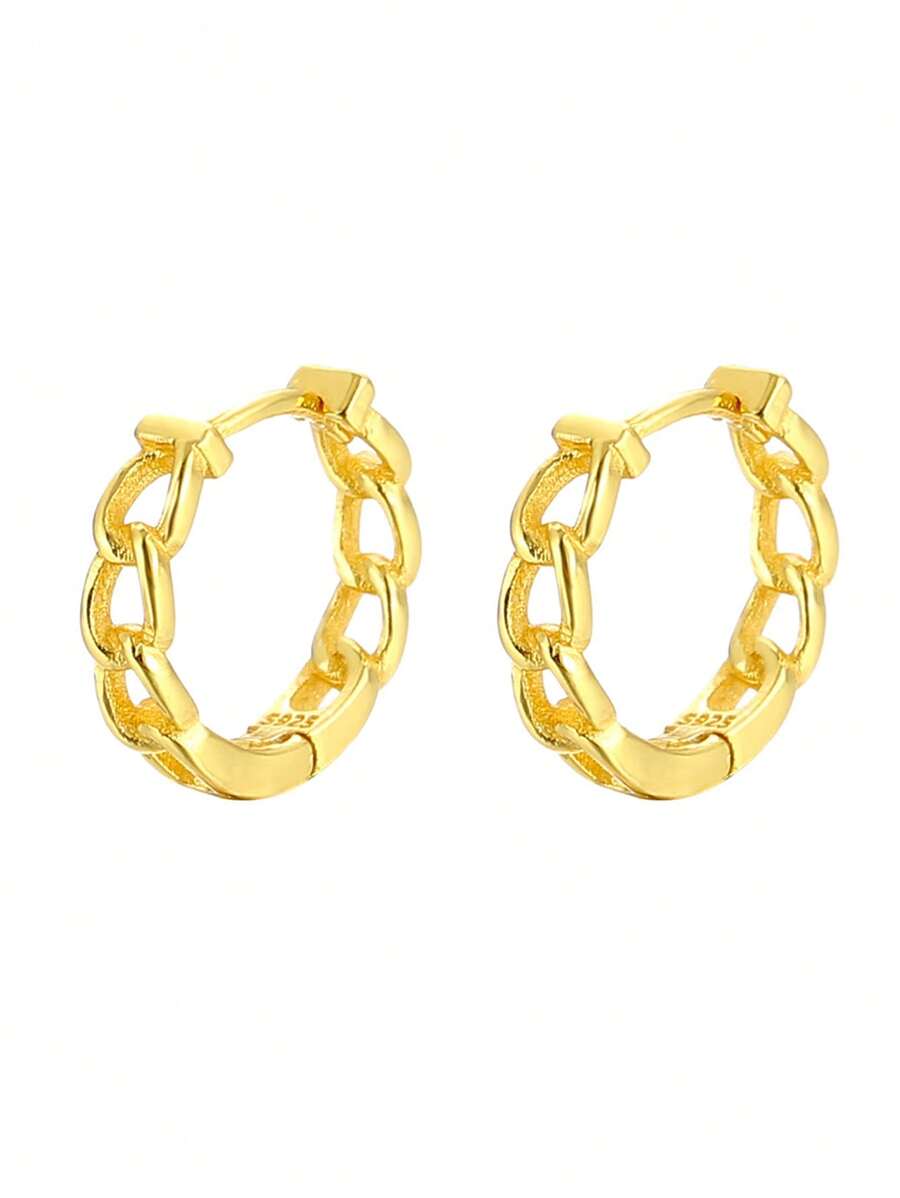 HuooNew 一对简约925纯银耳环，小巧精致，圆形链条设计，18K镀金，适合日常佩戴，银饰，女士礼物