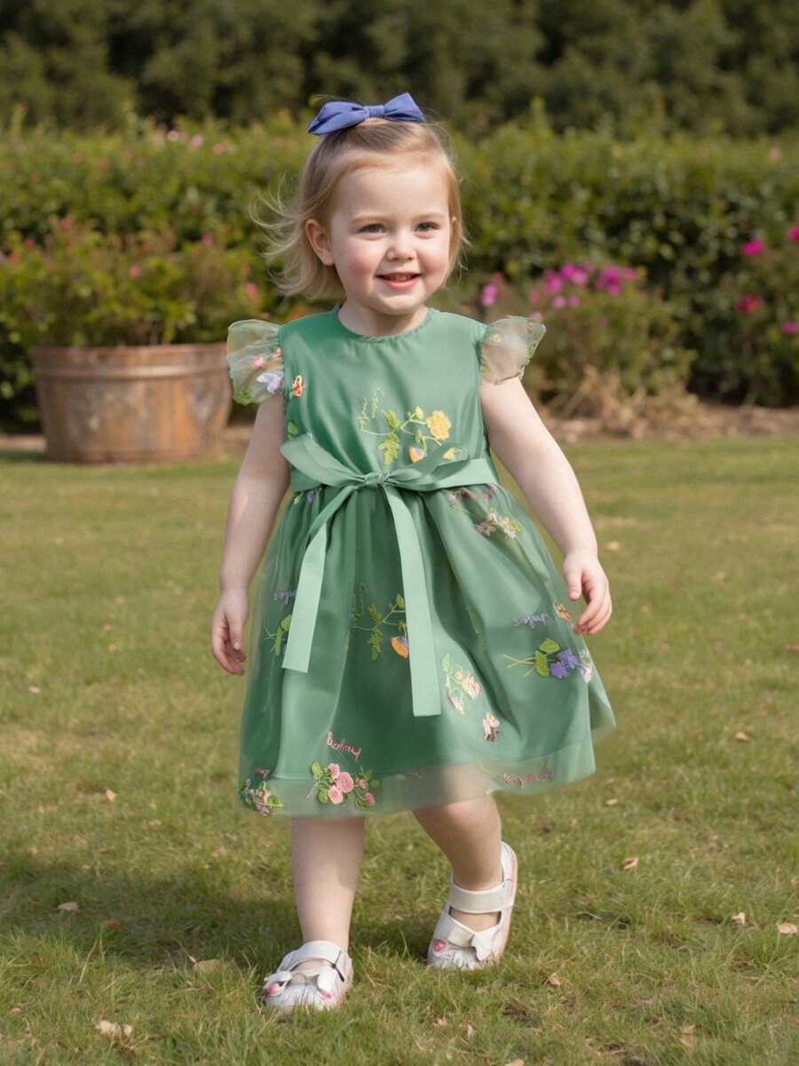 Girls Floral Embroidered Dress Toddler Fly Sleeve Princess Dress Birthday Wedding Pageant Party Dresses - Army Green - View 1