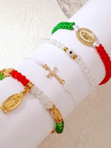 Juego de 4 piezas, pulsera de mujer ajustable con la Virgen María, serie de moda de México, pulsera tejida en rojo, blanco y verde