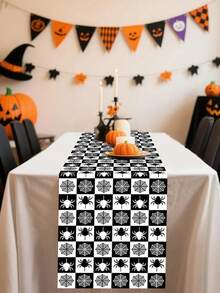 1pc/100pcs 35*180cm Halloween Spider Web Printed Polyester Tablecover - Black & White Check Design, Spider & Web Interwoven, Suitable For Halloween Party, Home Gathering, Dinner Table Decor, Classic Black & White Tone