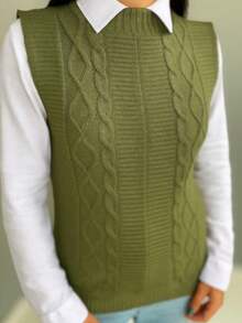 Women's Knitted Vest Braid Max Vest Overlay Knit Fashion Blogger - Verde militar - Ver 2