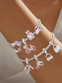 1 chiếc mặt dây chuyền mạ bạc hình thỏ dễ thương, xe đạp hồng, giày cao gót, tai nghe, bọ rùa, chai nước hoa, thích hợp để làm vòng tay DIY cho nữ. - Bạc - Xem 3
