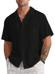 Mens Linen Button Down Shirts Short Sleeve Basic Cuban Regular Fit Wedding Summer Beach Tops - 黑色 - 查看 1