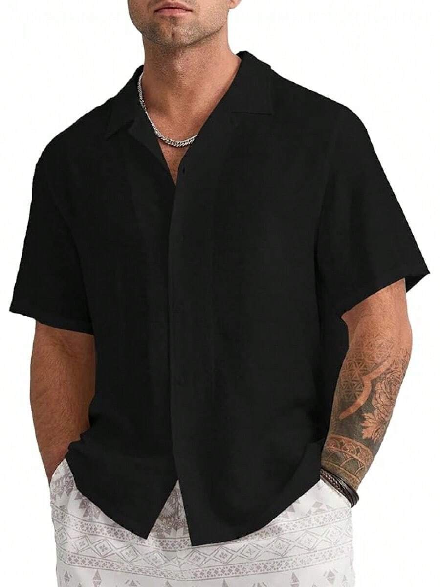 Mens Linen Button Down Shirts Short Sleeve Basic Cuban Regular Fit Wedding Summer Beach Tops - 黑色 - 查看 1