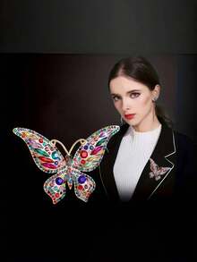 1 件时尚优雅彩色水钻蝴蝶胸针，用途广泛，适合派对、聚会和休闲学校办公室配饰衬衫夹克珠宝圣诞节万圣节衣服别针有趣可爱的教师礼物服装配饰包饰 - 混彩色 - 查看 2