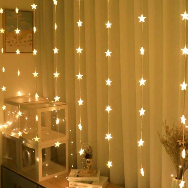 1pc 2sq.M. Starry String Light, 64 Soft LED, Magnetic Curtain Lights For Windows, Children Room Starry Sky Projector, Christmas & New Year Decoration, Includes Star & Moon Wall Stickers