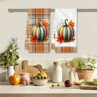 A 2pcs Set Of Autumn Themed Towels, Designed With Pumpkin And Maple Leaf Pattern Prints, Machine Washable, Heat-Resistant, Absorbent And Reusable. It Is An Ideal Gift For Room Decoration, Kitchen And Bathroom Towels, Party Decoration, Home Decoration, Thanksgiving And Autumn Daily Life.