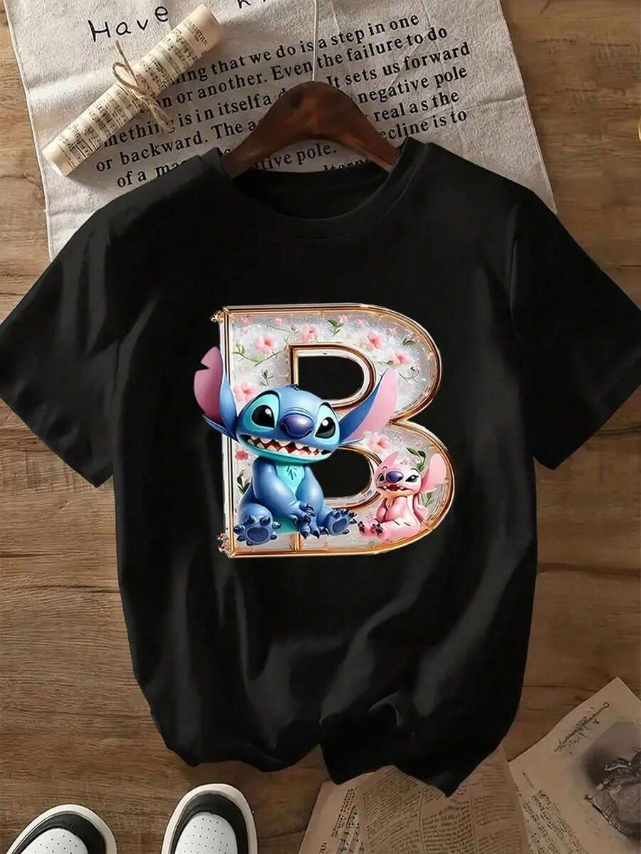 Cartoon Image Short Sleeve Round Neck T-Shirt, Casual And Fashionable Short Sleeve T-Shirt, Micro Elastic, Opaque, Easy Care Material, Perfect For Everyday Wear, Ladies T-Shirt - 黑色 - 查看 1