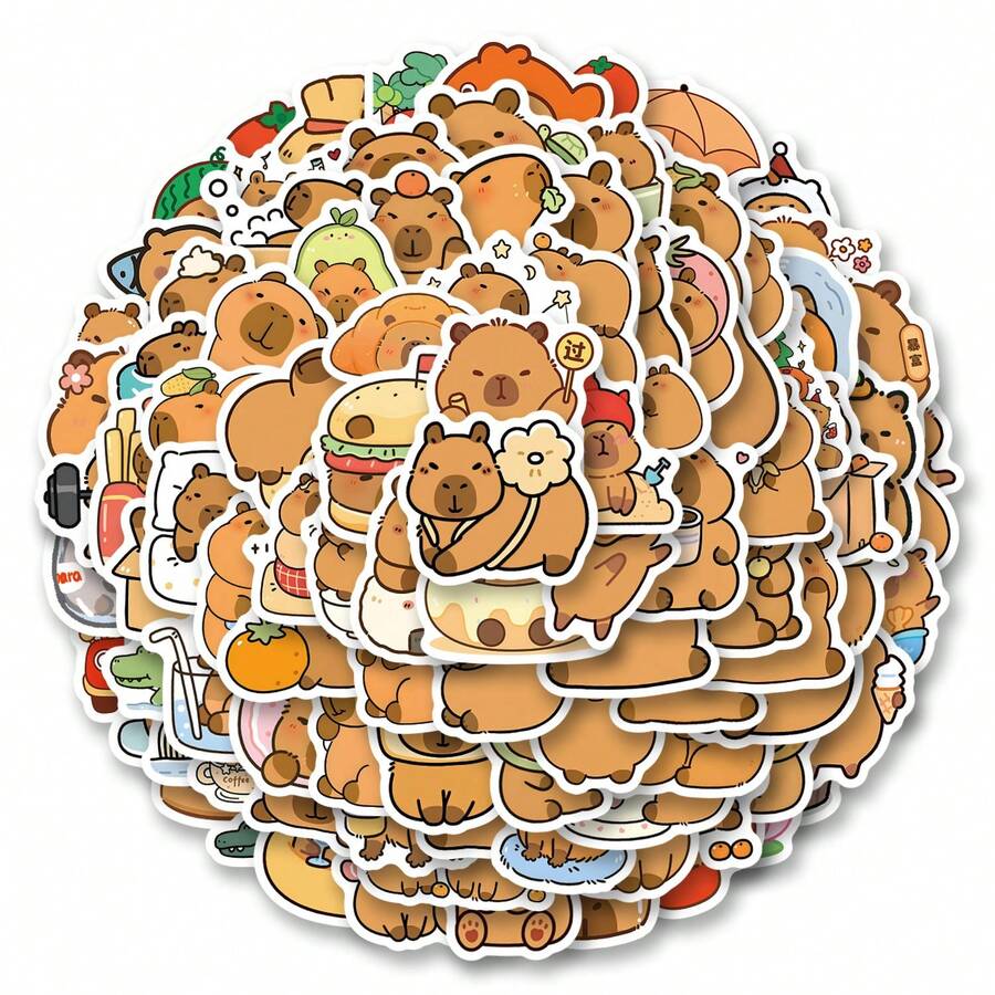 100pcs Capybara Theme Vinyl Waterproof Stickers, Suitable For Water Bottles, Guitars, Luggage, Phones, Phone Cases, Laptops, Skateboards, Etc., Perfect Gift - B - View 1