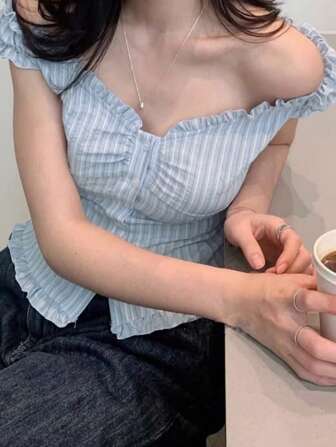 韩版女士温柔优雅条纹荷叶边修身休闲衬衫