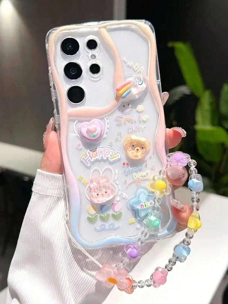 卡通人物光泽奶油色花卉装饰吊坠，适用于 Apple 奶油色花卉设计手机壳，彩绘花卉手链，柔软透明彩绘保护壳，适用于 15XR/7/8、15 Pro Max/ 14 Pro Max、13/11、Galaxy S23 Ultra、A14/A23 保护手机壳 - 彩色 - 查看 1