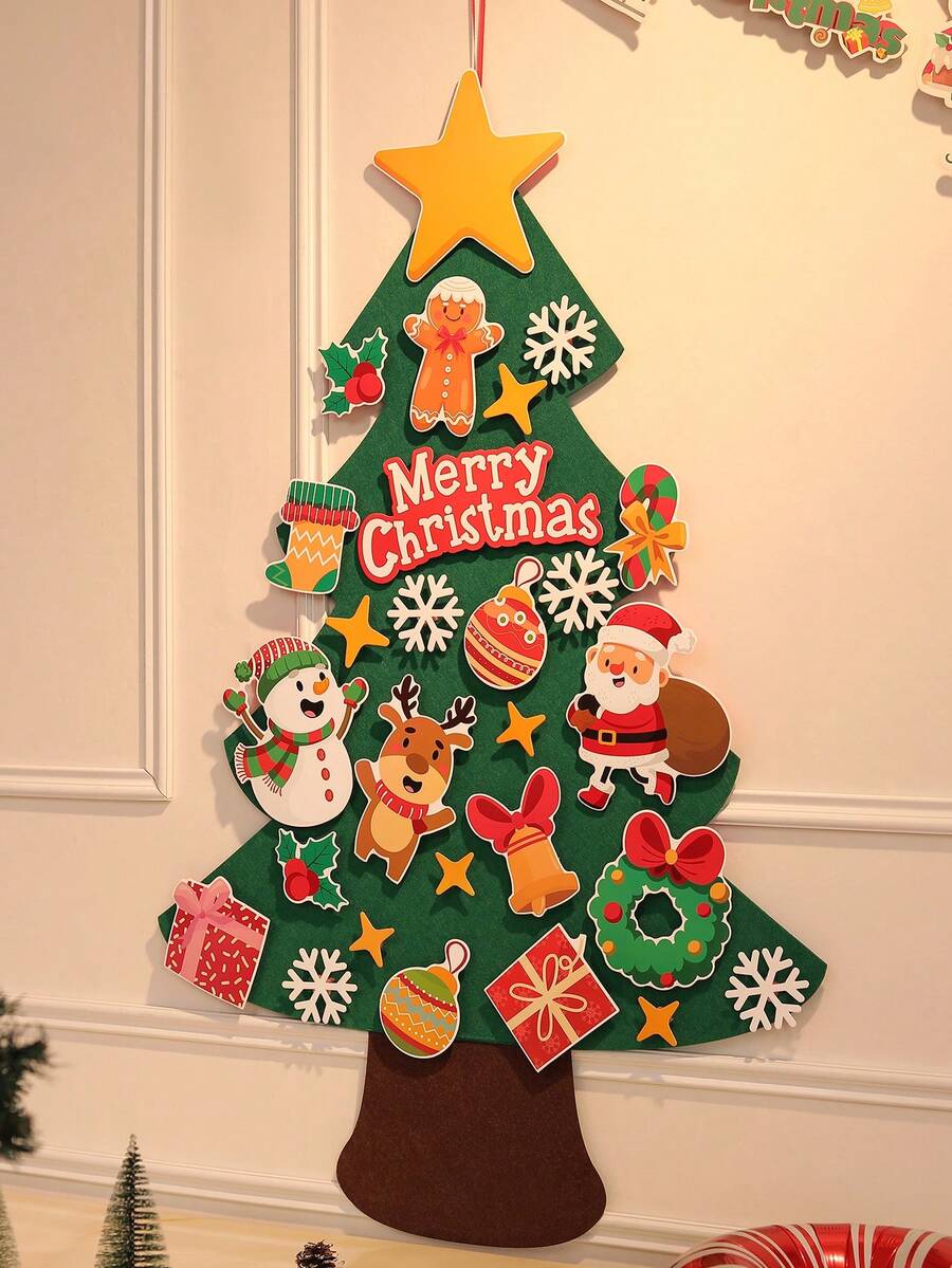 1 Set Christmas Felt Tree Hanging Decor DIY Paste Pattern Scene Background Wall Party Decoration