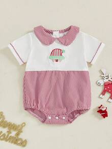 Baby Christmas Romper Long Sleeve Doll Collar Santa Embroidery Bodysuit Newborn Playsuit - Red - View 6