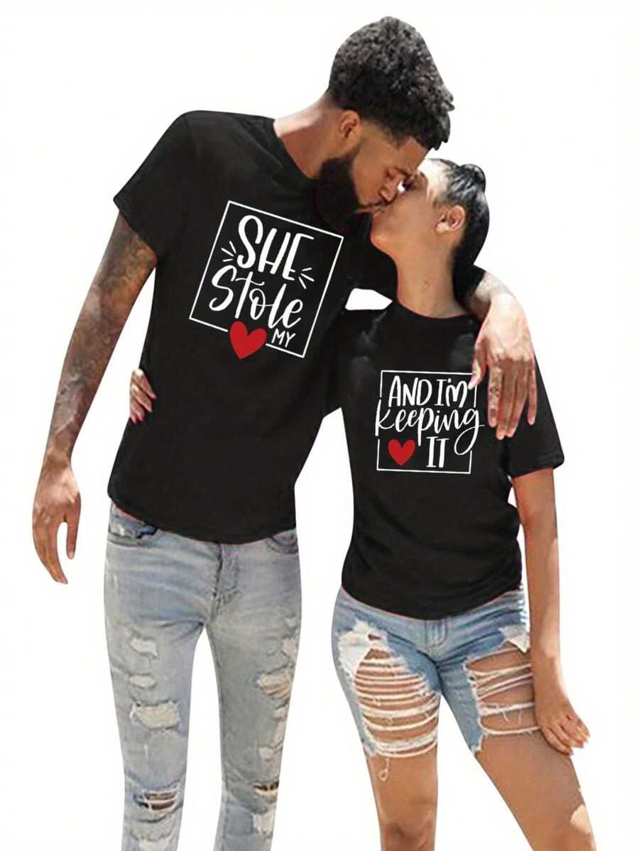 1pc She  My Heart And I'm Keeping It Print Couples Matching T-Shirts - Cotton, Casual Round Neck Tees For Newlyweds & Lovers - Perfect For Christmas & Valentine'S Day Gifts 180g Tee - 男款 - 黑色 - 查看 1