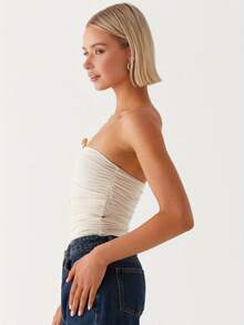 Women's Ruched Tube Tops Summer Strapless Solid Color Metal Clip Front Bandeau Tops Slim Fit Shirts - White - View 4